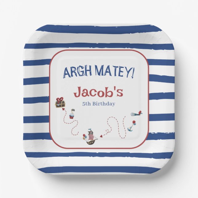 Jolly Roger Pirate Ahoy Matey Birthday Party  Paper Plates (Front)
