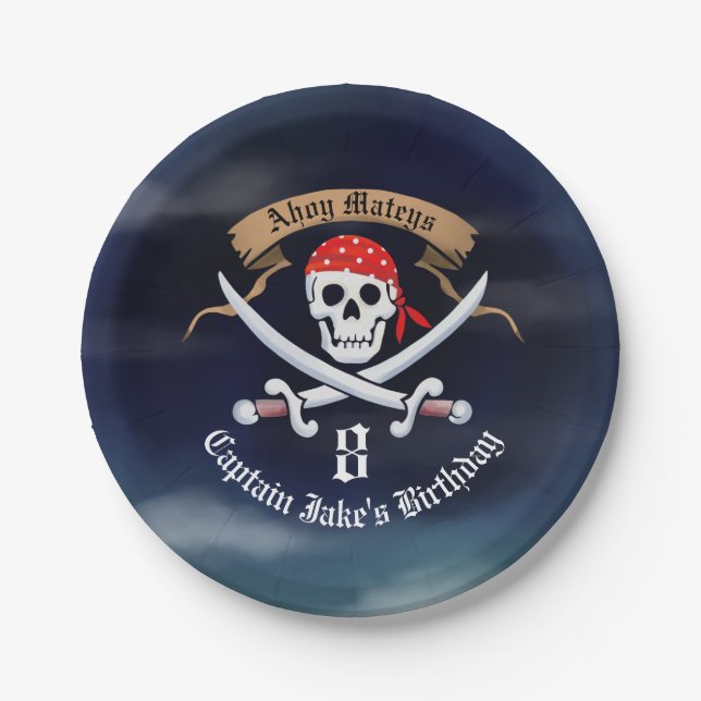 Jolly Roger Pirate Birthday Party Paper Plates (Front)