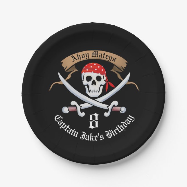 Jolly Roger Pirate Birthday Party Paper Plates (Front)