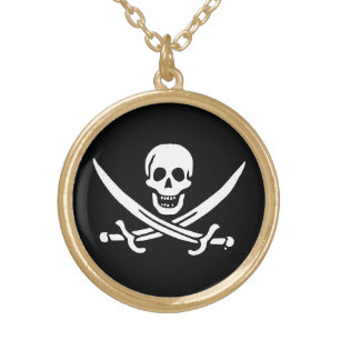 Jolly roger pirate flag gold plated necklace
