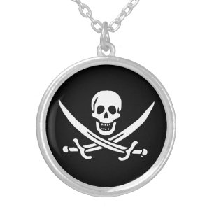 Jolly roger pirate flag silver plated necklace