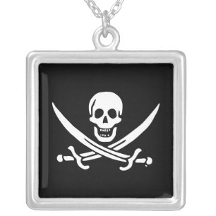 Jolly roger pirate flag silver plated necklace