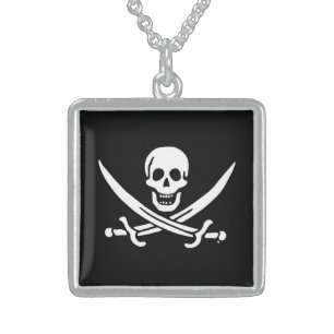 Jolly roger pirate flag sterling silver necklace
