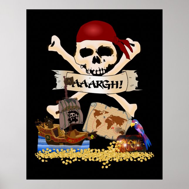Jolly Roger, Pirate Ship & Pirate's Chest Poster (Front)