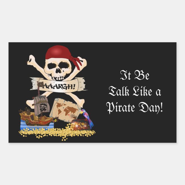 Jolly Roger, Pirate Ship & Pirate's Chest Rectangular Sticker (Front)