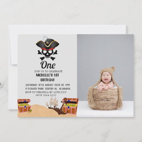 Jolly Roger Pirate  Simple First Birthday photo Invitation
