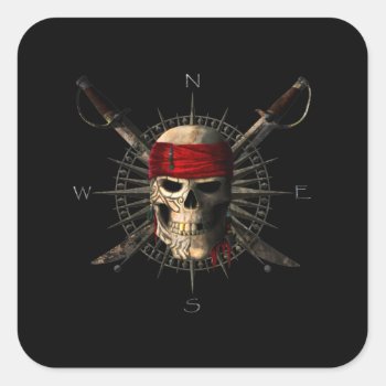Jolly Roger Pirate Skull And Swords Pirate Compass Square Sticker by packratgraphics at Zazzle