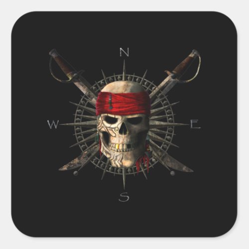 Jolly Roger Pirate Skull and Swords Pirate Compass Square Sticker
