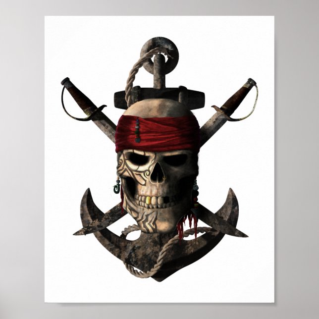Jolly Roger Pirate Skull and Swords Sailing Anchor Poster (Front)