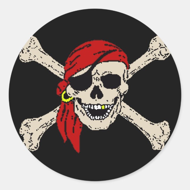Jolly Roger Pirate Skull Bones Red Bandanna Classic Round Sticker (Front)