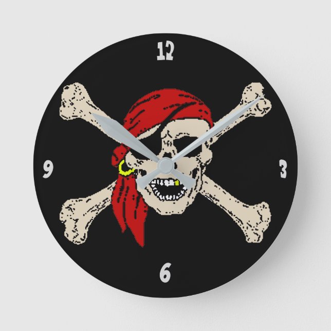 Jolly Roger Pirate Skull Bones Red Bandanna Round Clock (Front)