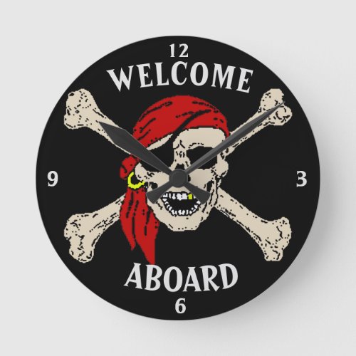 Jolly Roger Pirate Skull Bones Red Bandanna Round  Round Clock