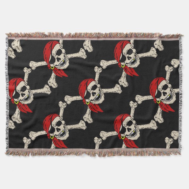 Jolly Roger Pirate Skull Bones Red Bandanna Throw Blanket (Front)