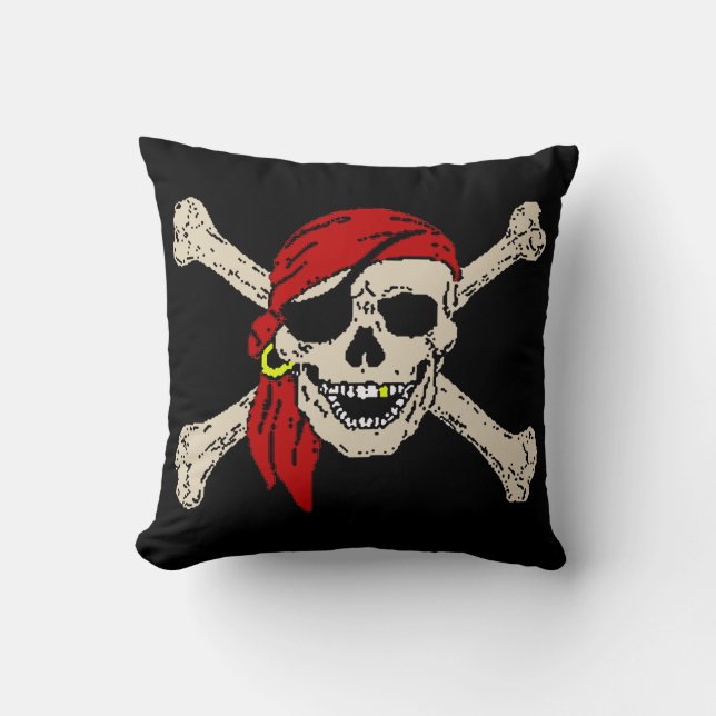 Jolly Roger Pirate Skull Bones Red Bandanna Throw Pillow (Front)