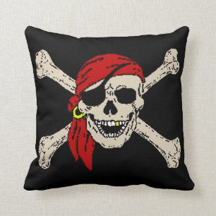 Jolly Roger Pirate Skull Bones Red Bandanna Throw Pillow