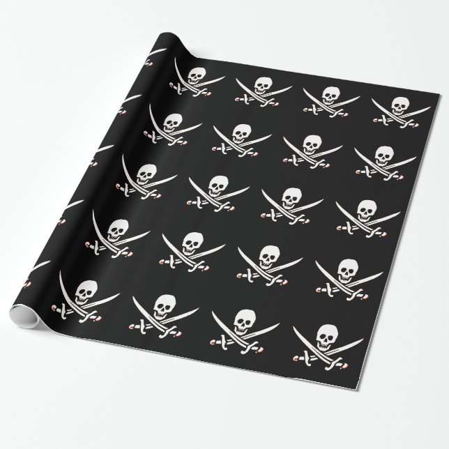 Jolly Roger Pirate Skull Bones Red Bandanna Wrapping Paper (Unrolled)