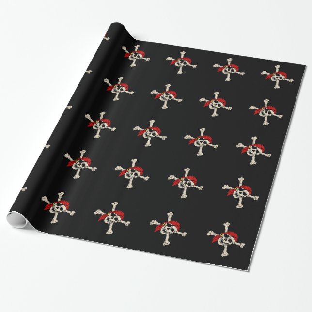 Jolly Roger Pirate Skull Bones Red Bandanna Wrapping Paper (Unrolled)