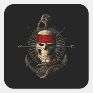 Jolly Roger Pirate Skull Sailing Compass Anchor Square Sticker