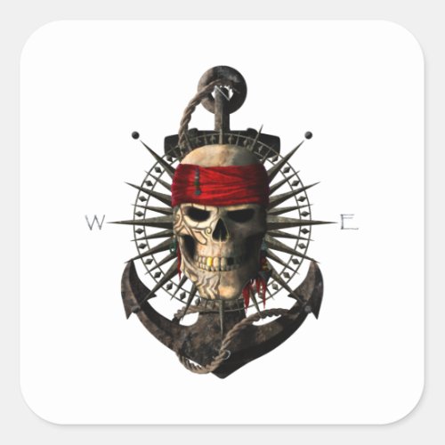 Jolly Roger Pirate Skull Sailing Compass Anchor Square Sticker