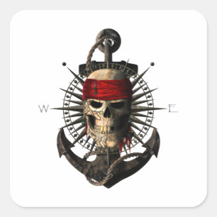 Jolly Roger Pirate Skull Sailing Compass Anchor Square Sticker