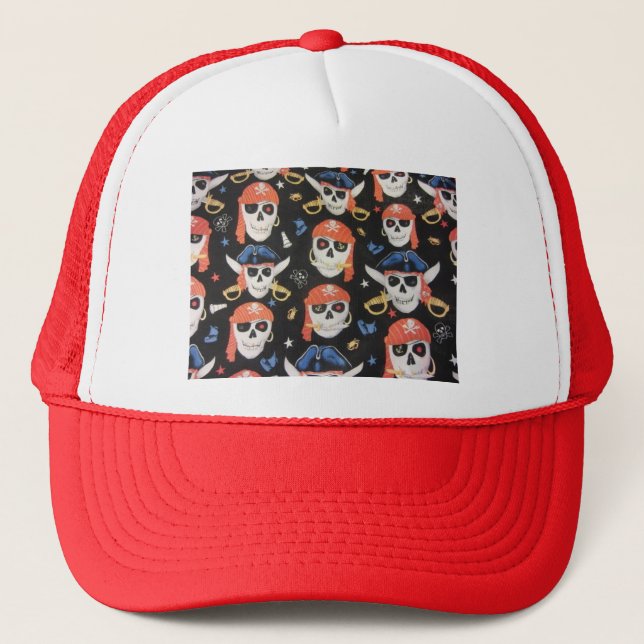 Jolly Roger Pirate Skulls Trucker Hat (Front)