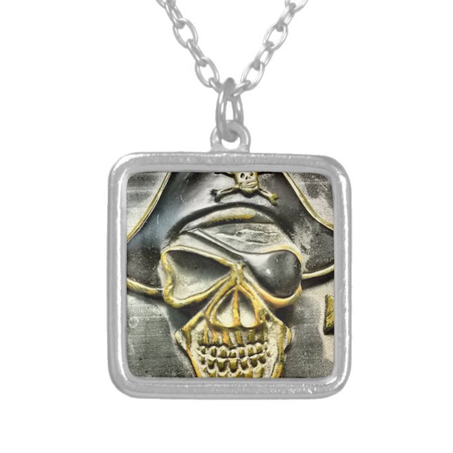 Jolly Roger Pirate Treasure Chest Silver Plated Necklace (Front)