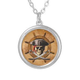 Jolly Roger Pirate Wheel Silver Plated Necklace
