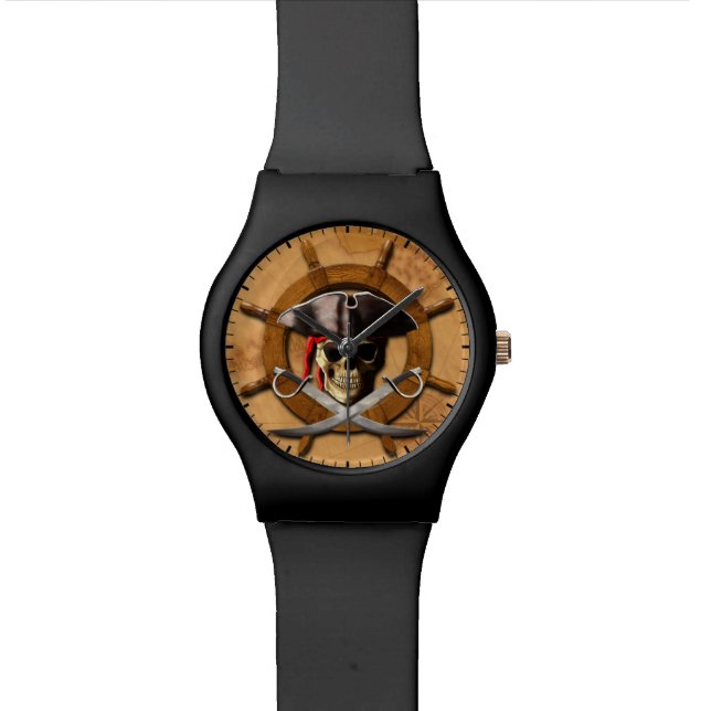 Jolly Roger Pirate Wheel Wristwatch (Close Up)