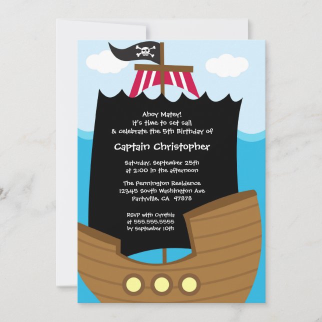 Jolly roger ship pirate birthday party invitation (Front)