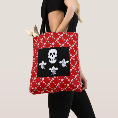 JOLLY ROGER SKULL 3 LILIES  RED BLACK PIRATE FLAG TOTE BAG