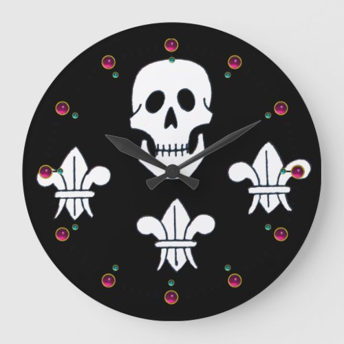 JOLLY ROGER SKULL AND THREE LILIES FLAG Amethyst Large Clock