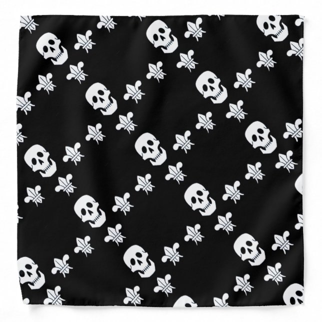 JOLLY ROGER SKULL AND THREE LILIES FLAG ,Black Bandana (Front)