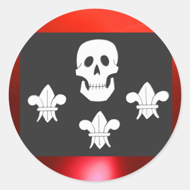 JOLLY ROGER SKULL AND THREE LILIES FLAG CLASSIC ROUND STICKER (Front)