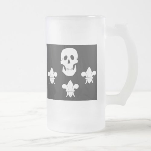 JOLLY ROGER SKULL AND THREE LILIES FLAG FROSTED GLASS BEER MUG