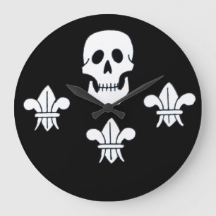 JOLLY ROGER SKULL AND THREE LILIES FLAG LARGE CLOCK