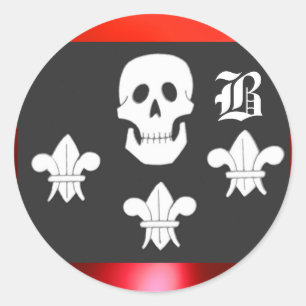 JOLLY ROGER SKULL AND THREE LILIES FLAG MONOGRAM CLASSIC ROUND STICKER