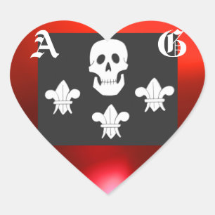 JOLLY ROGER SKULL AND THREE LILIES FLAG MONOGRAM HEART STICKER
