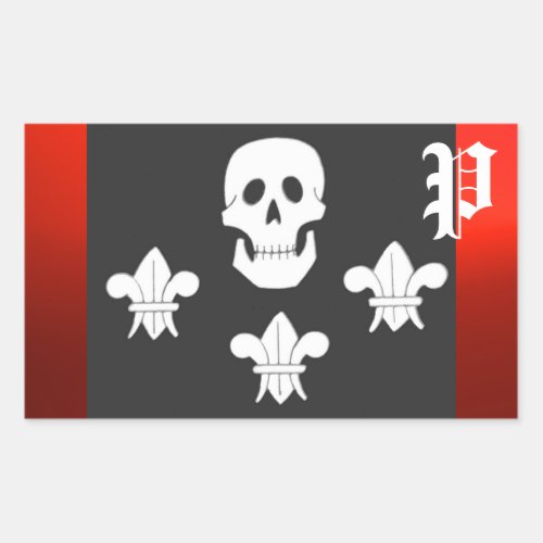 JOLLY ROGER SKULL AND THREE LILIES FLAG MONOGRAM RECTANGULAR STICKER