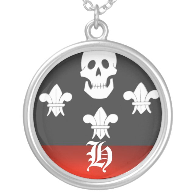 JOLLY ROGER SKULL AND THREE LILIES FLAG MONOGRAM SILVER PLATED NECKLACE (Front)