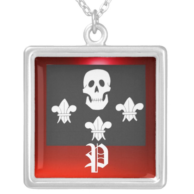 JOLLY ROGER SKULL AND THREE LILIES FLAG MONOGRAM SILVER PLATED NECKLACE (Front)