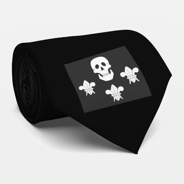 JOLLY ROGER SKULL AND THREE LILIES FLAG NECK TIE (Rolled)