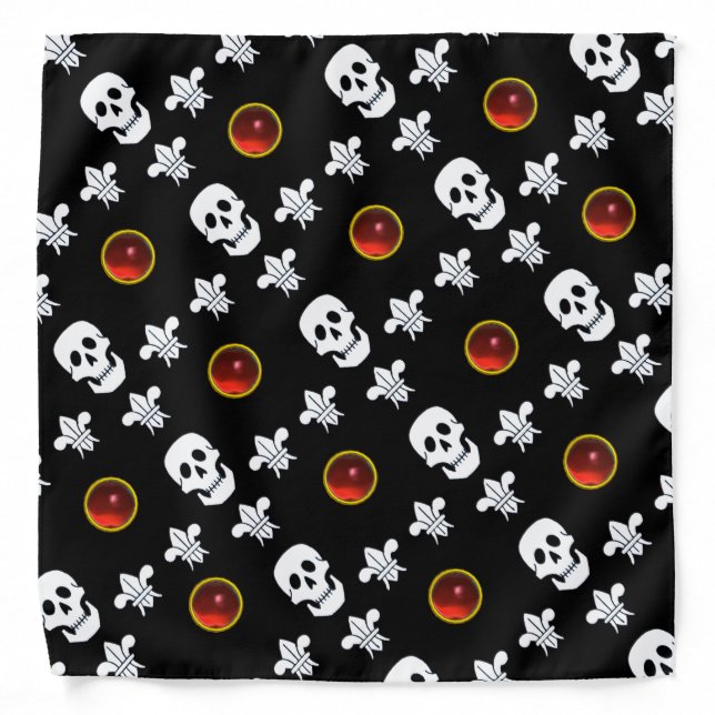 JOLLY ROGER SKULL AND THREE LILIES FLAG Red Ruby Bandana (Front)