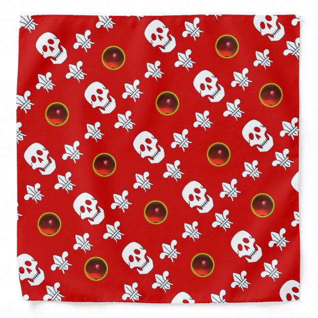 JOLLY ROGER SKULL AND THREE LILIES FLAG Red Ruby Bandana (Front)