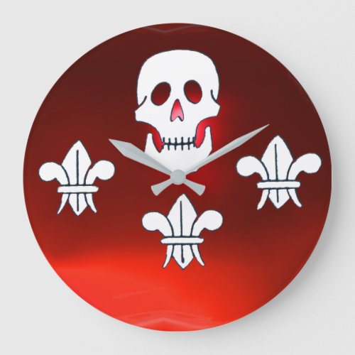 JOLLY ROGER SKULL AND THREE LILIES FLAG Red Ruby Large Clock