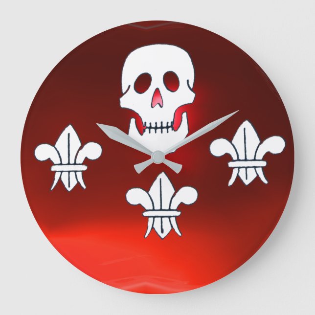 JOLLY ROGER SKULL AND THREE LILIES FLAG, Red Ruby Large Clock (Front)