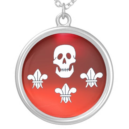 JOLLY ROGER SKULL AND THREE LILIES FLAG Red Silver Plated Necklace
