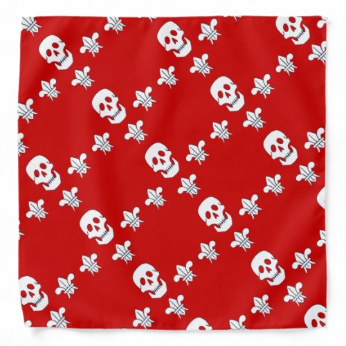JOLLY ROGER SKULL AND THREE LILIES FLAG Red White Bandana