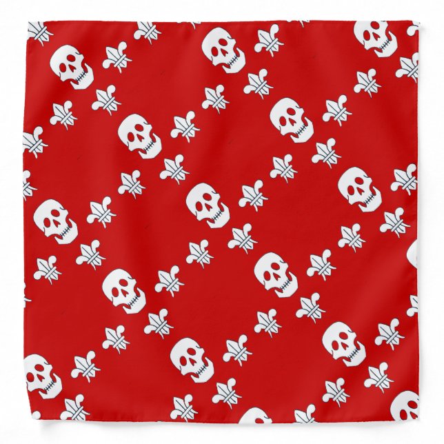 JOLLY ROGER SKULL AND THREE LILIES FLAG ,Red White Bandana (Front)
