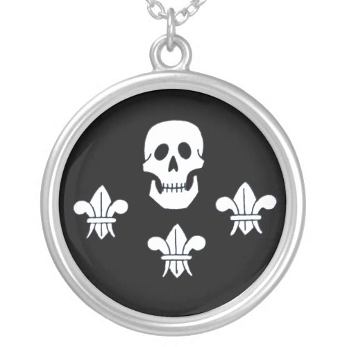 JOLLY ROGER SKULL AND THREE LILIES FLAG SILVER PLATED NECKLACE