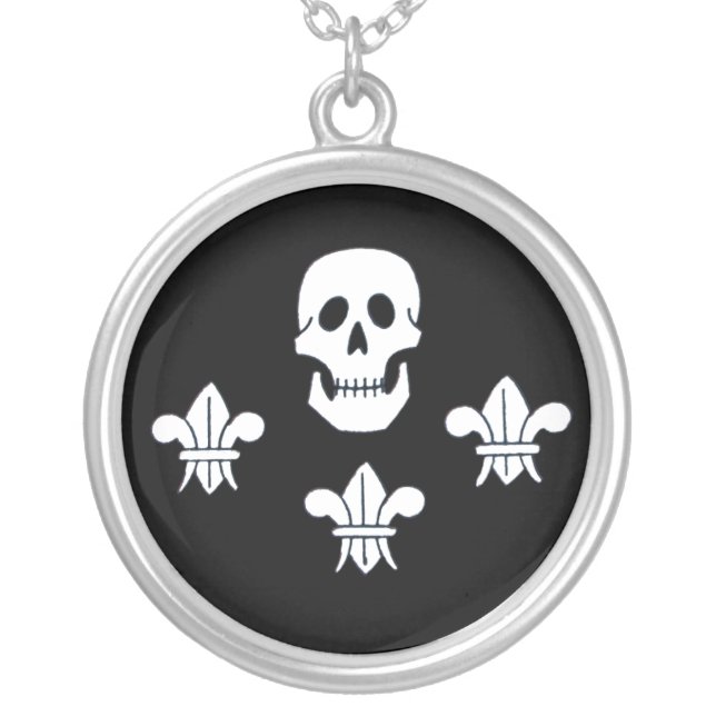JOLLY ROGER SKULL AND THREE LILIES FLAG SILVER PLATED NECKLACE (Front)